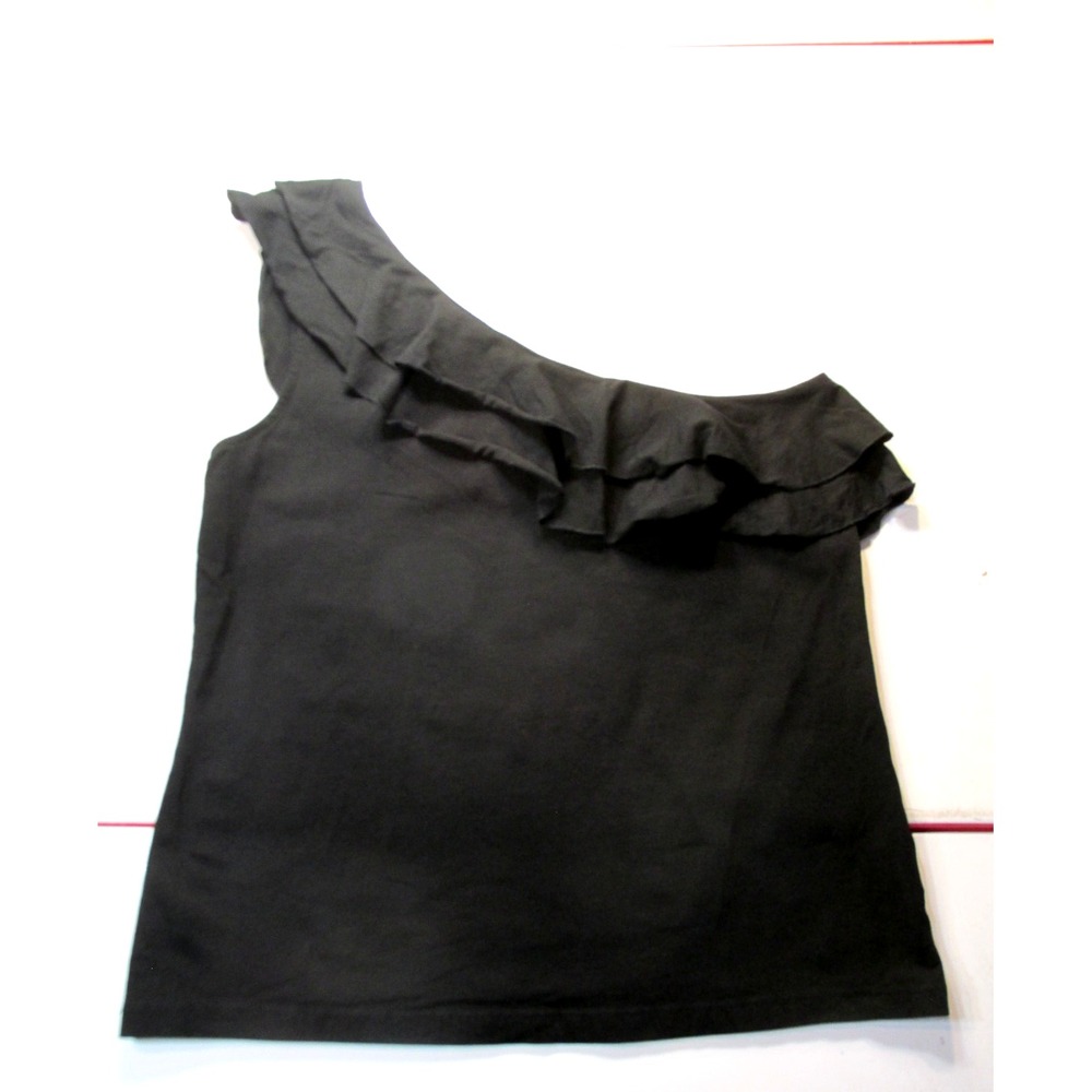 American Living Women XL Black One Shoulder Ruffle Trim Knit Pullover Blouse